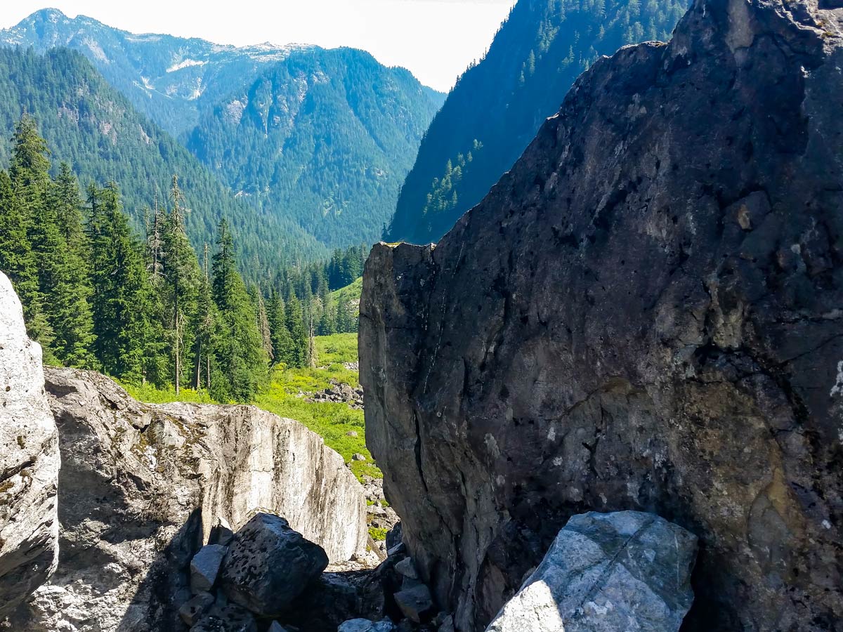 Looking through the rocks down Hanes Valley in North Shore area of coastal BC