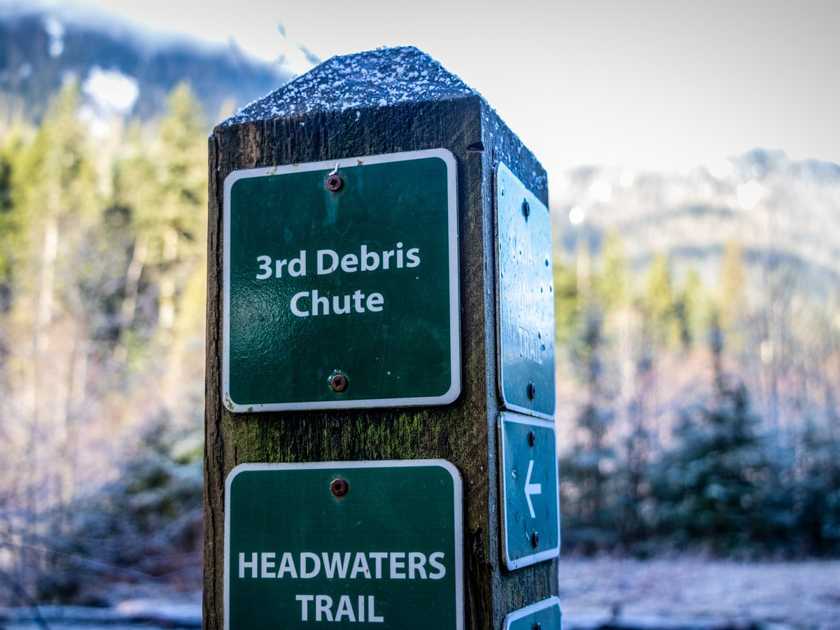 Signpost along hiking trail to Norvan Falls in Nouth Shore region of BC