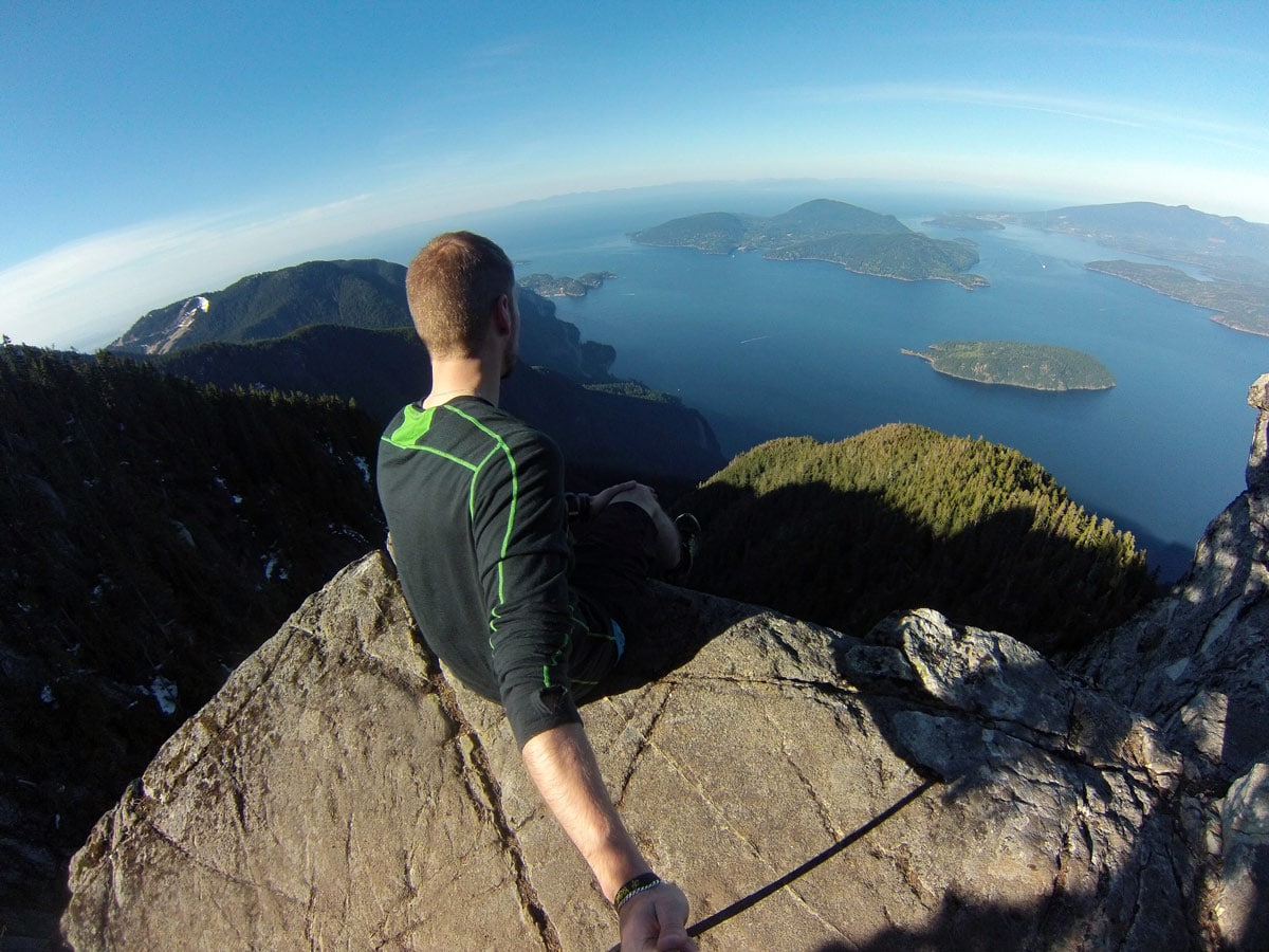 GoPro shot of Hiker on top of St Marks Summit in the North Shore region in BC