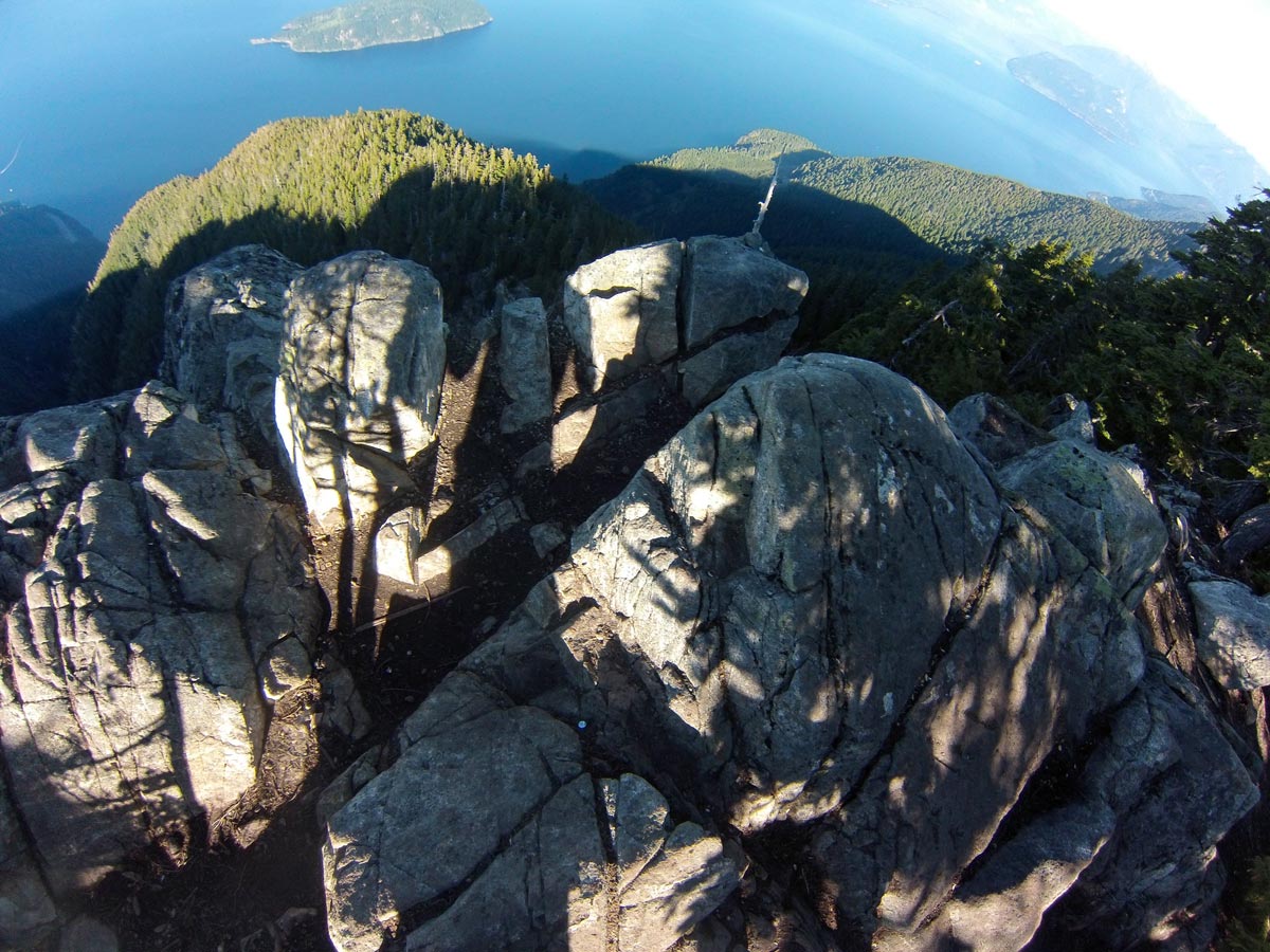 GoPro shot looking down the rock bluffs from St Marks Summit in North Shores area
