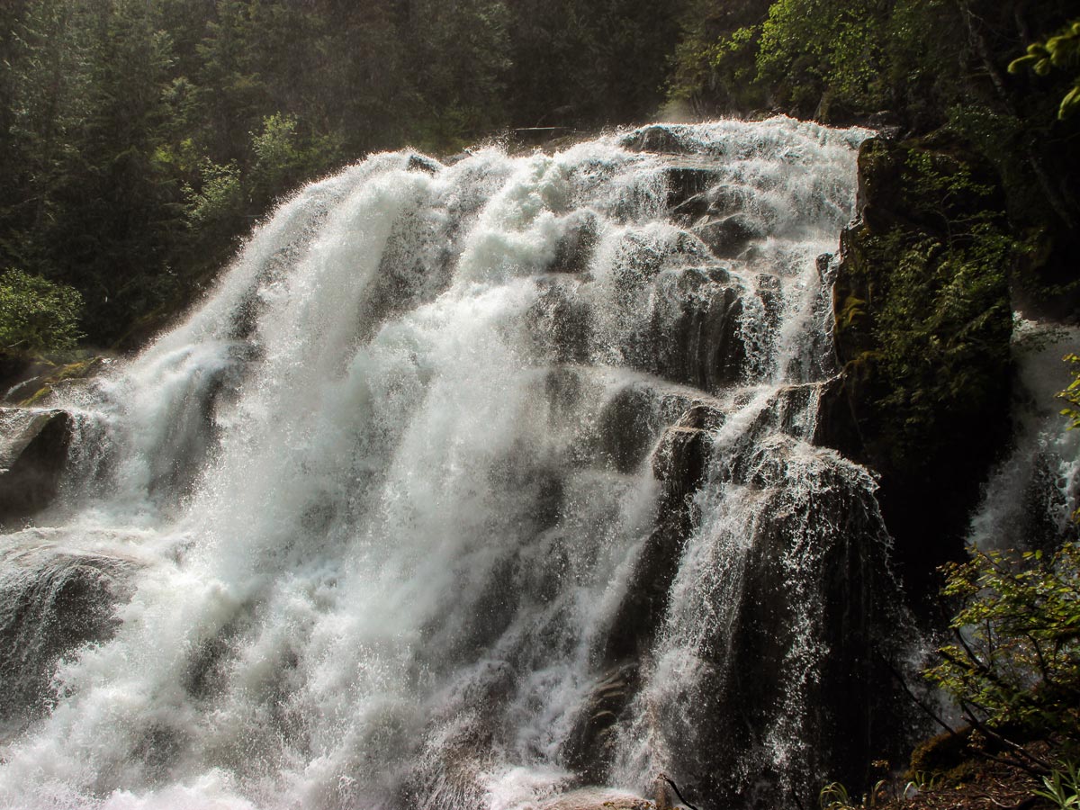 Front view of Crooked Falls waterfalls near Squamish BC