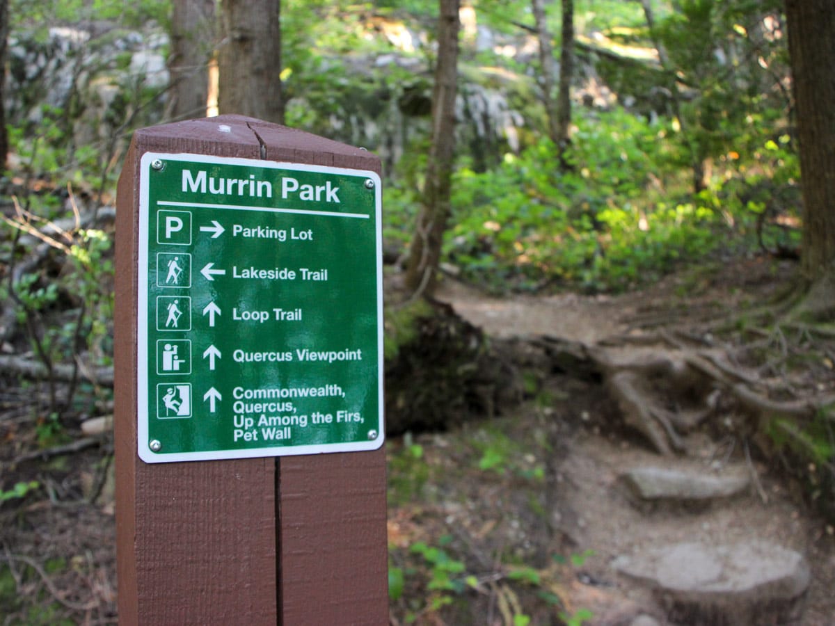 Signpost for Murrin Park hiking trails near Squamish BC