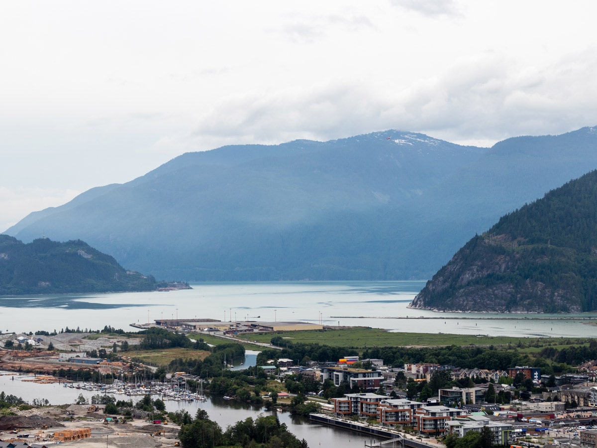 Downtown Squamish viewed from trail to Squamish Smoke Bluffs