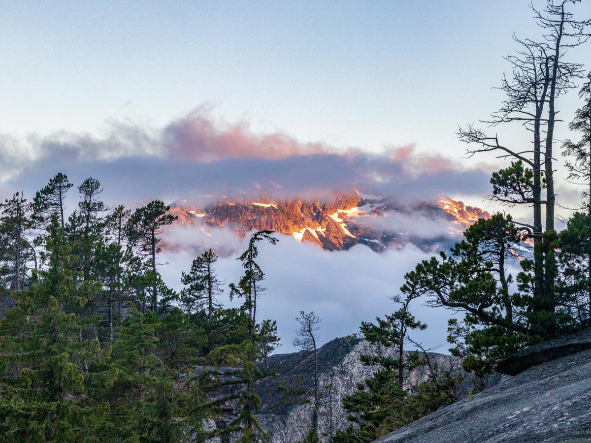 Nearby Mount Garibaldi obstructed by clouds along hike to The Chief in Squamish