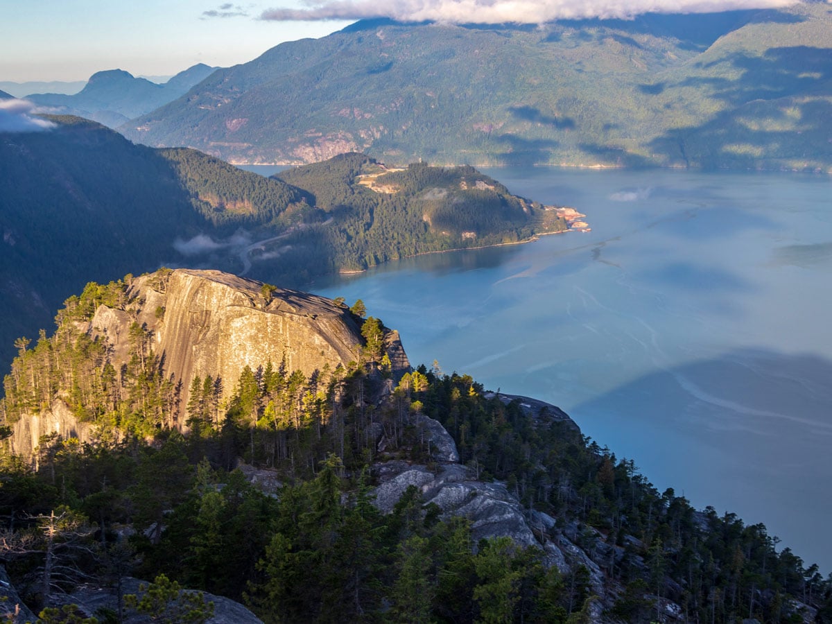 Rocky peak of The Chief viewed from top of hike in Squamish