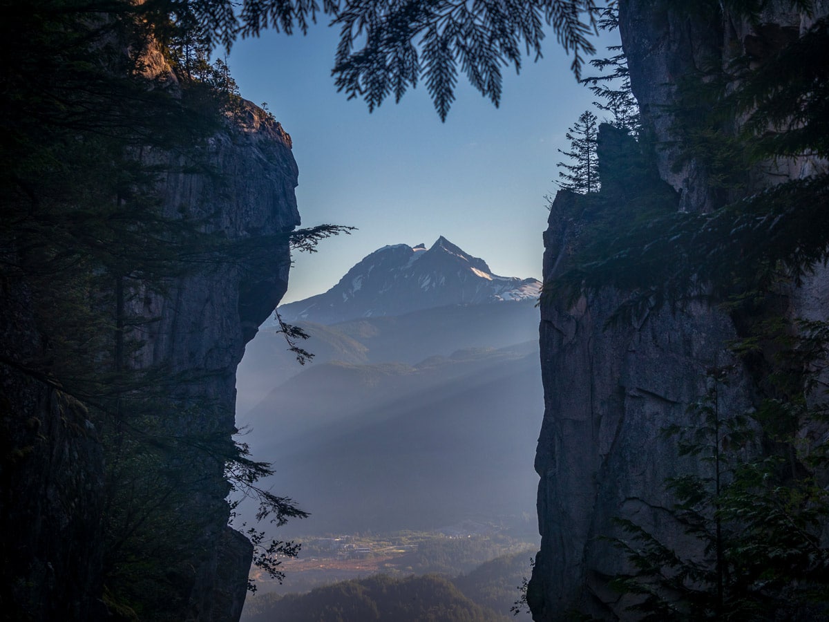 Mount Garibaldi seen between peaks 1 and 2 hiking The Chief near Squamish