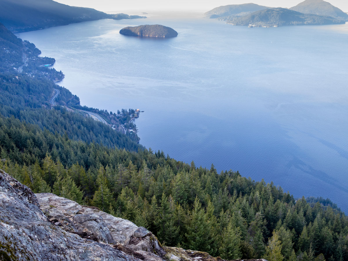 Looking down on the sea to sky highway from Tunnel Bluffs hiking trail near Squamish BC