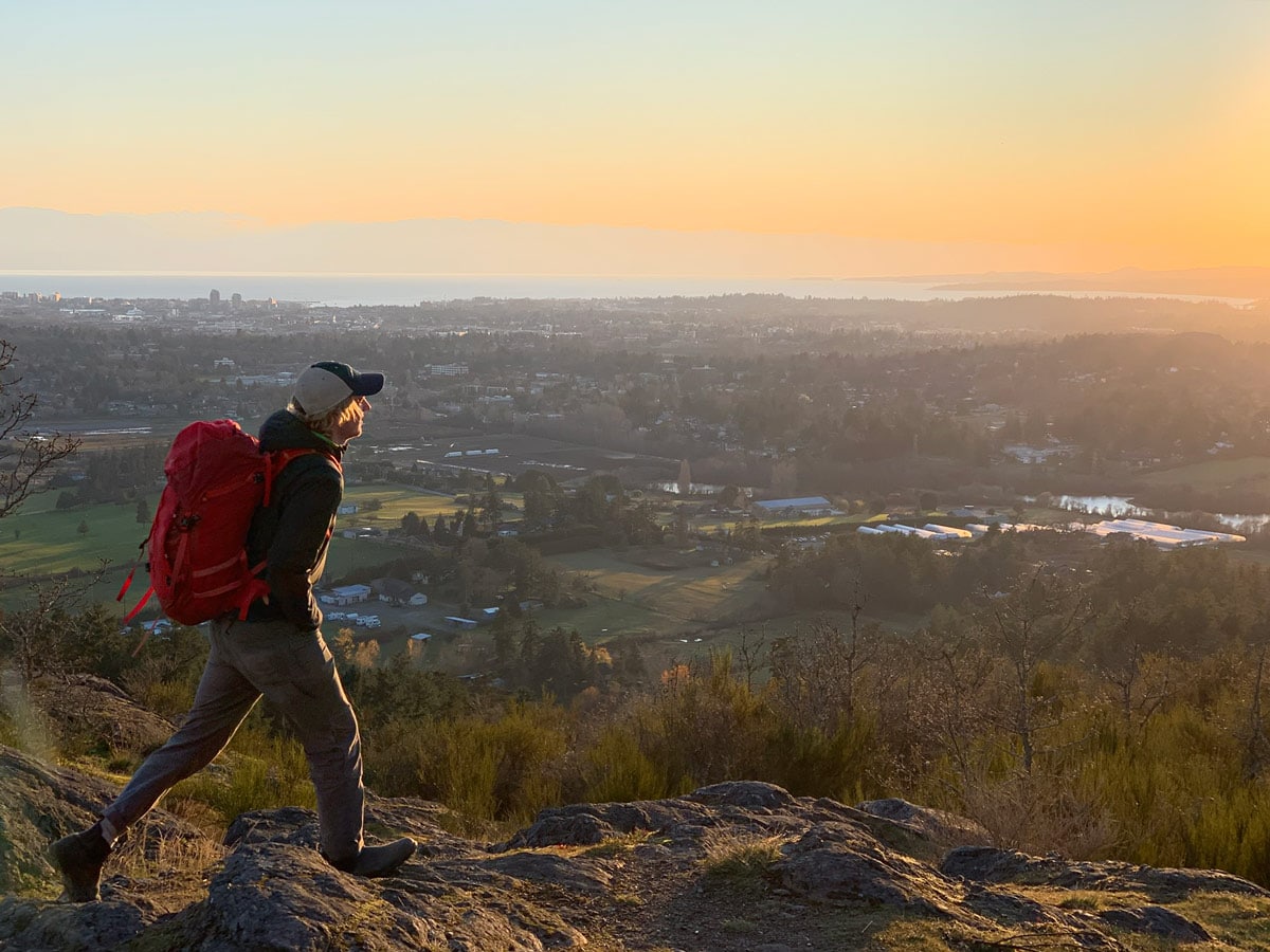 Hiking above Victoria on Mount Doug at sunset near Victoria BC