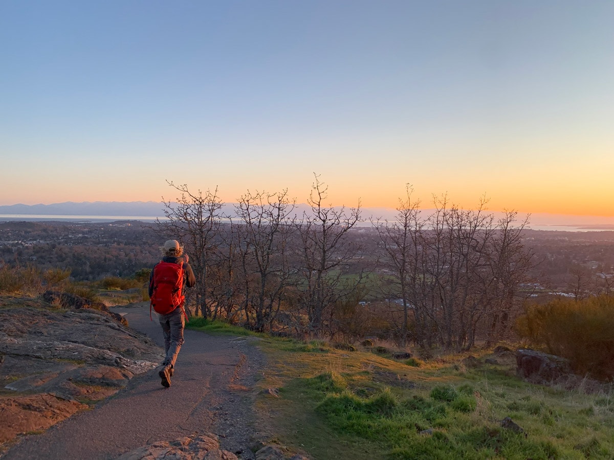 Path up Mount Doug at sunset hiking near Victoria BC