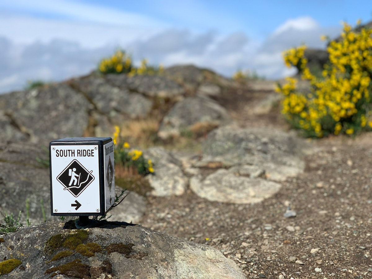 South Ridge trail sign on Mount Doug along one of the best hikes in Victoria region