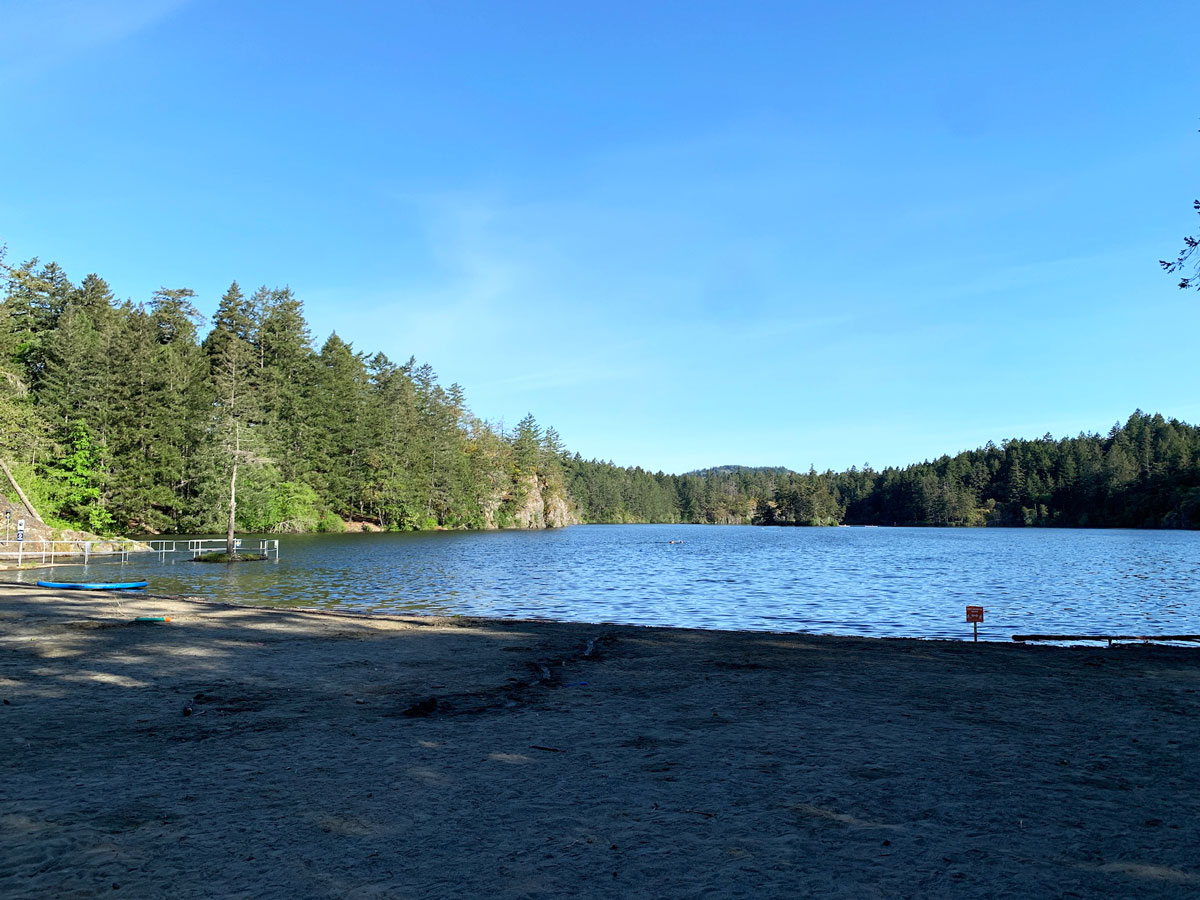 Beautiful beach on Lake Thetis along one of the best hiking trails near Victoria BC