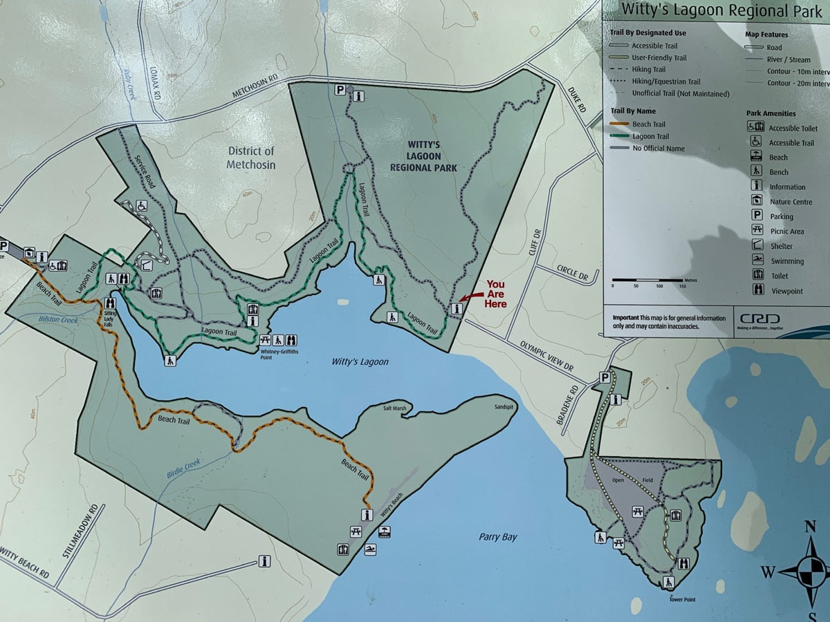 Trail map around Wittys Lagoon hiking near Victoria