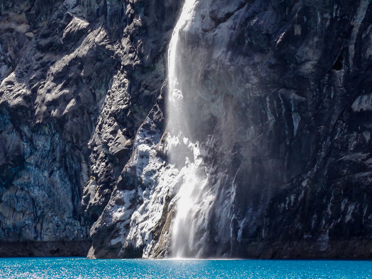 Beautiful waterfall at Lake 69 in Huaraz