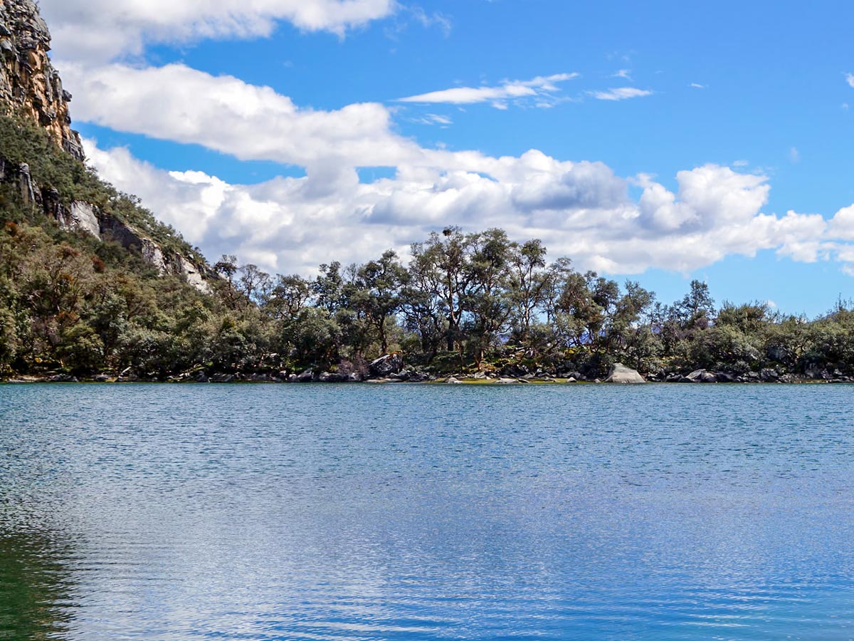 Tree lined shores Lake Uruscocha