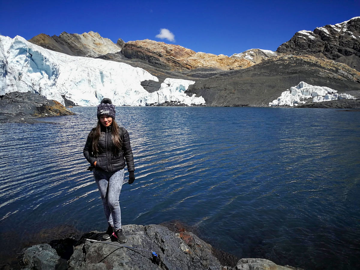 Hiker poses by Pastoruri Glacier