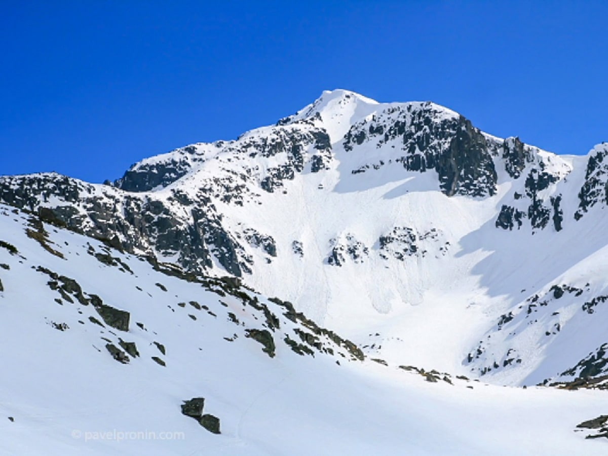 Musala in winter. The Northeast ridge is on its left side