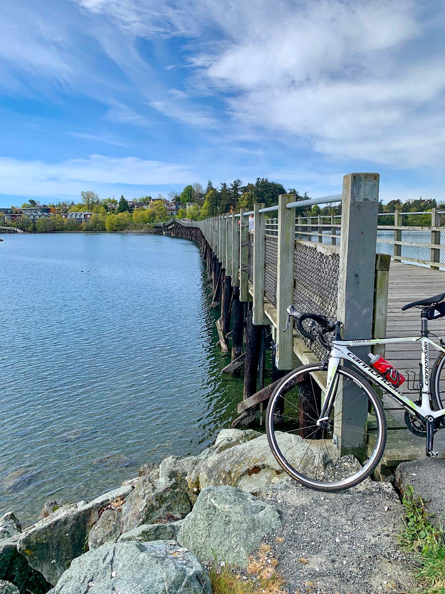 Biking across bridge along trail from Galloping Goose to Thetis Lake trail near Victoria