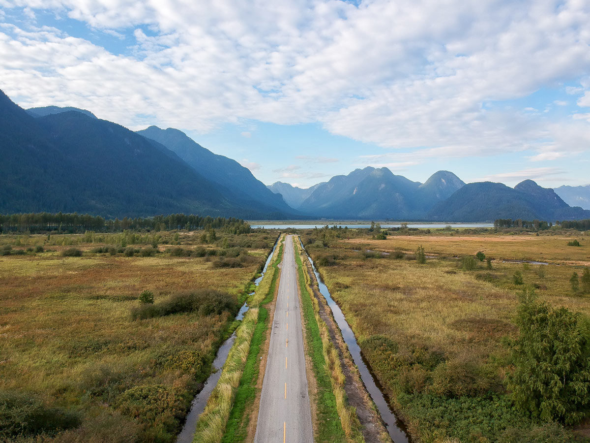 The road into the Pitt River boat launch area where hikers will access Widgeon Falls Trailhead by canoe near Vancouver