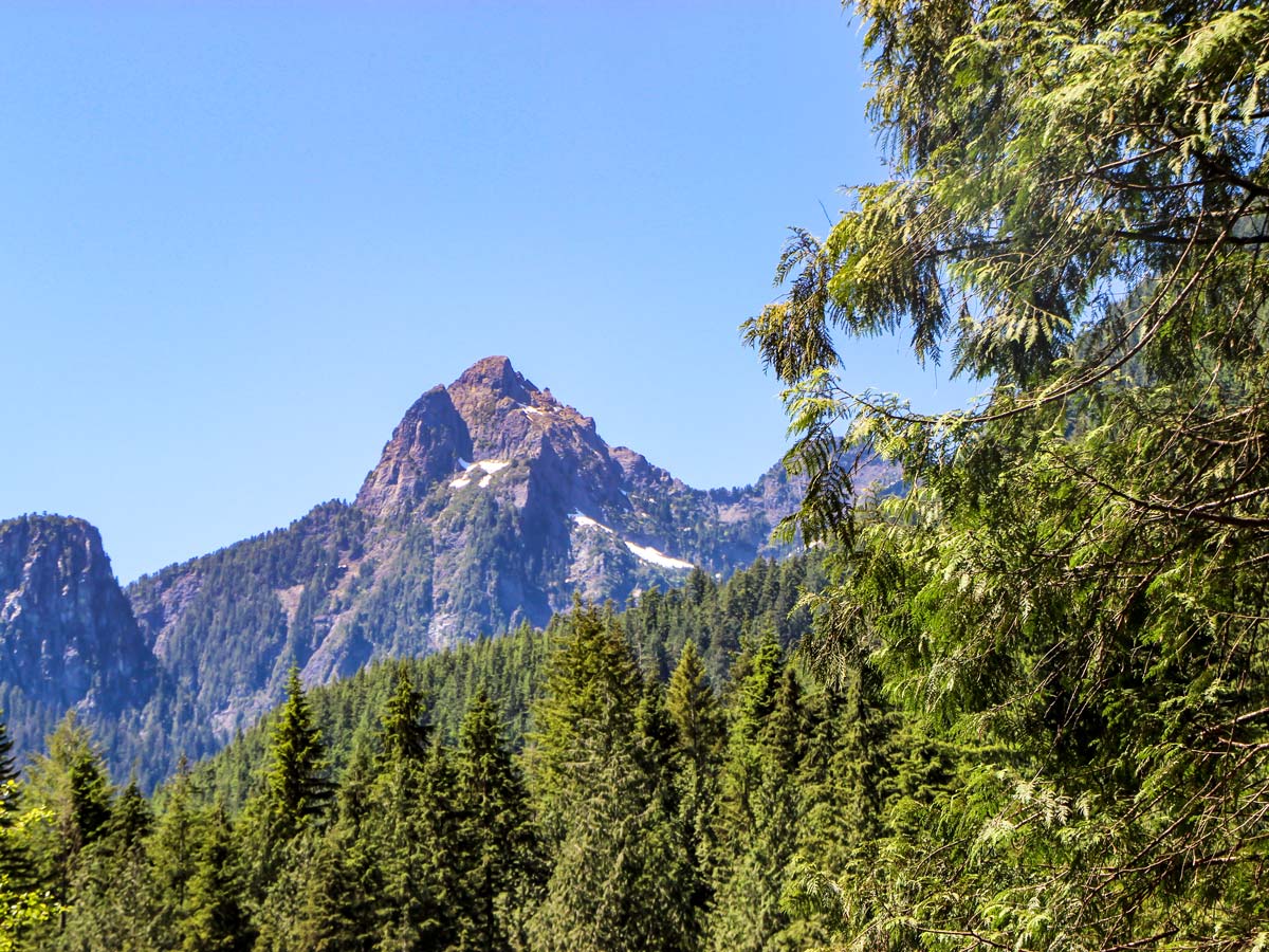 Blanshard, Edge, and Alouette Mountains are visible at several spots along the Lower Falls Trail at Gold Creek Falls near Vancouver