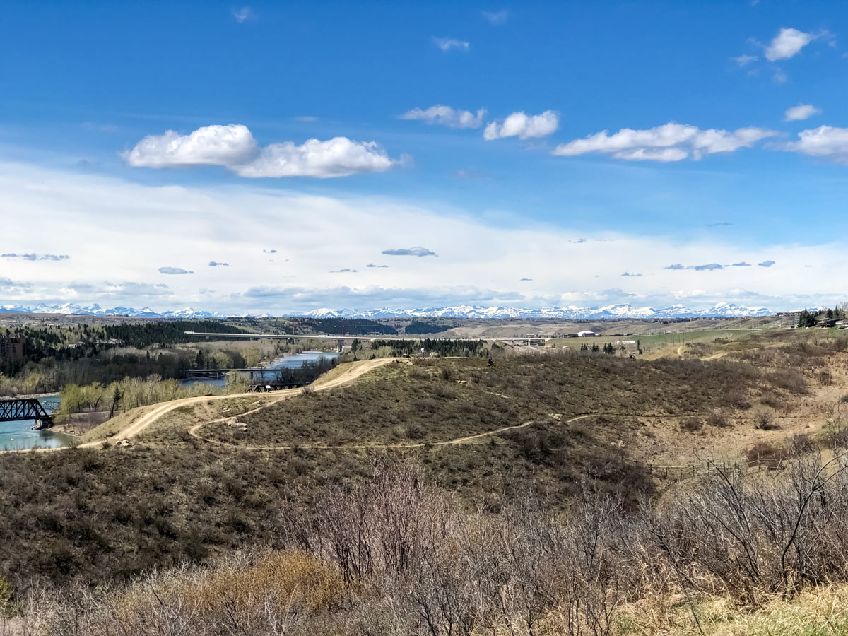 Walking and biking trails in rolling hills of Bowness Calgary seen cycling