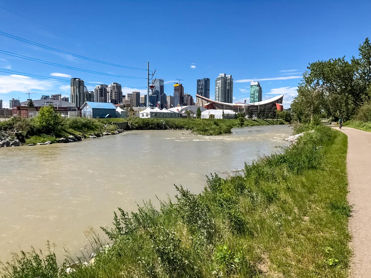 Calgary Saddledome seen from cycling trail south Calagry to Edworthy park
