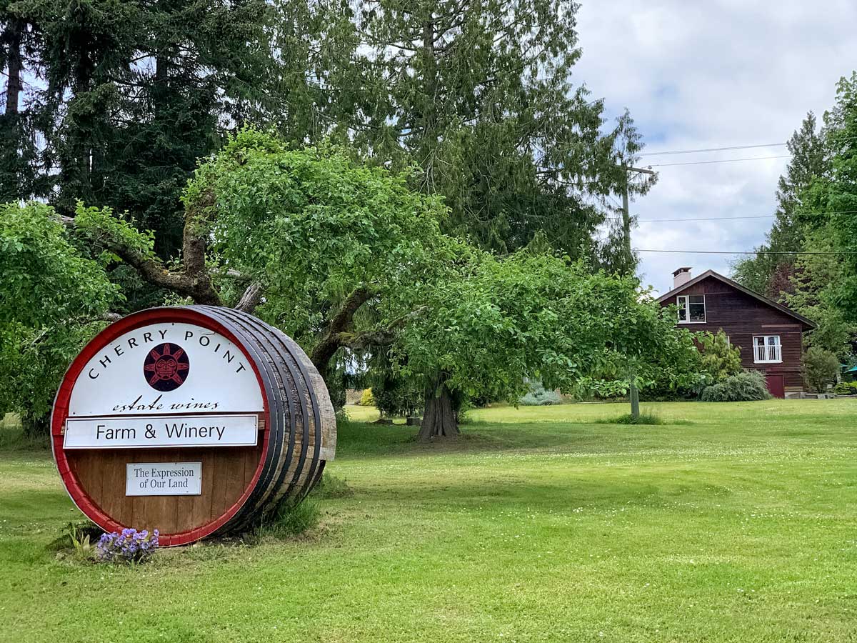 Cherry Point Farm and Winery barrel seen biking Mill Bay to Cowichan Valley near Victoria