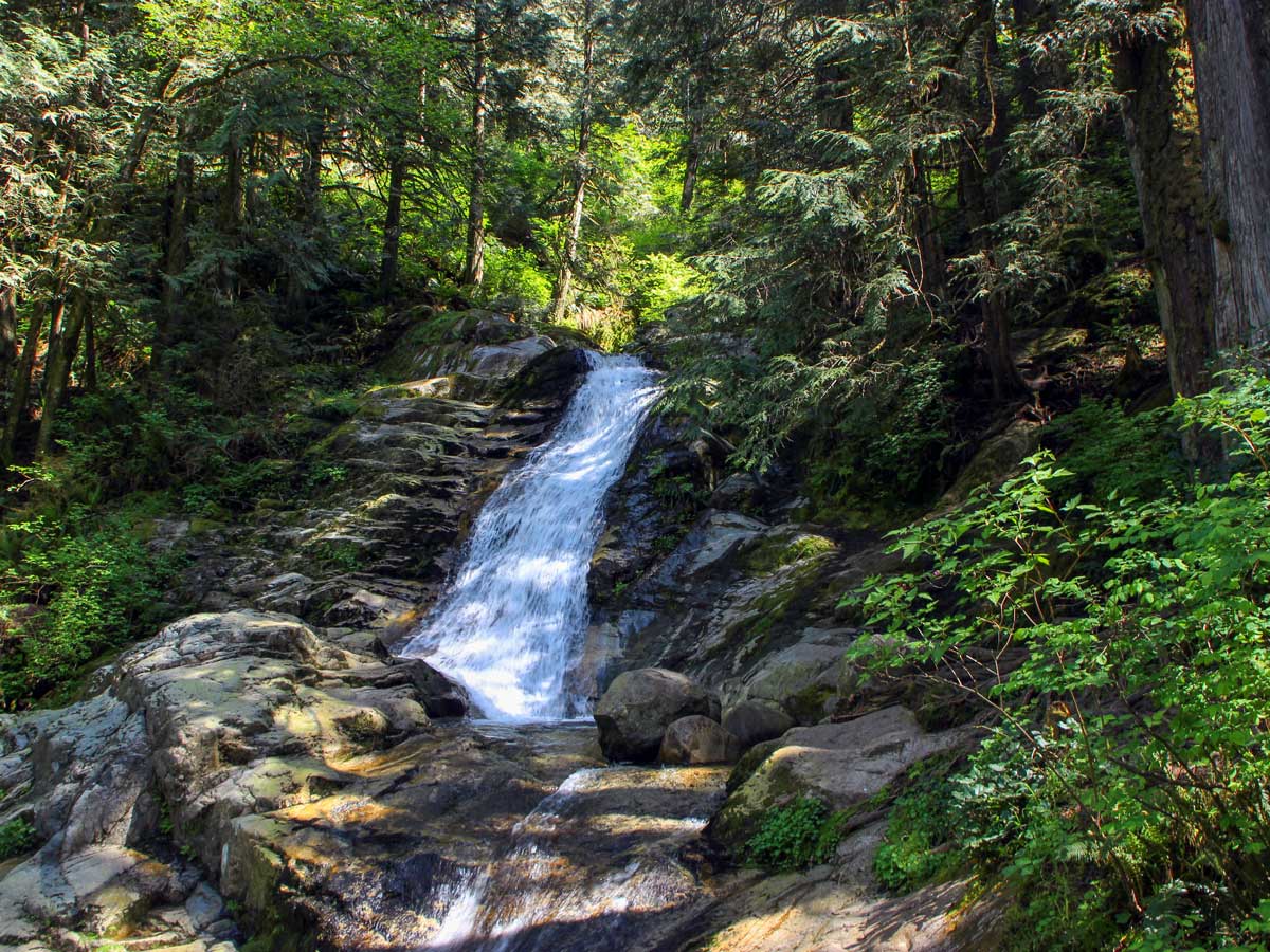 Crystal Falls in green British Columbia forest near Vancouver