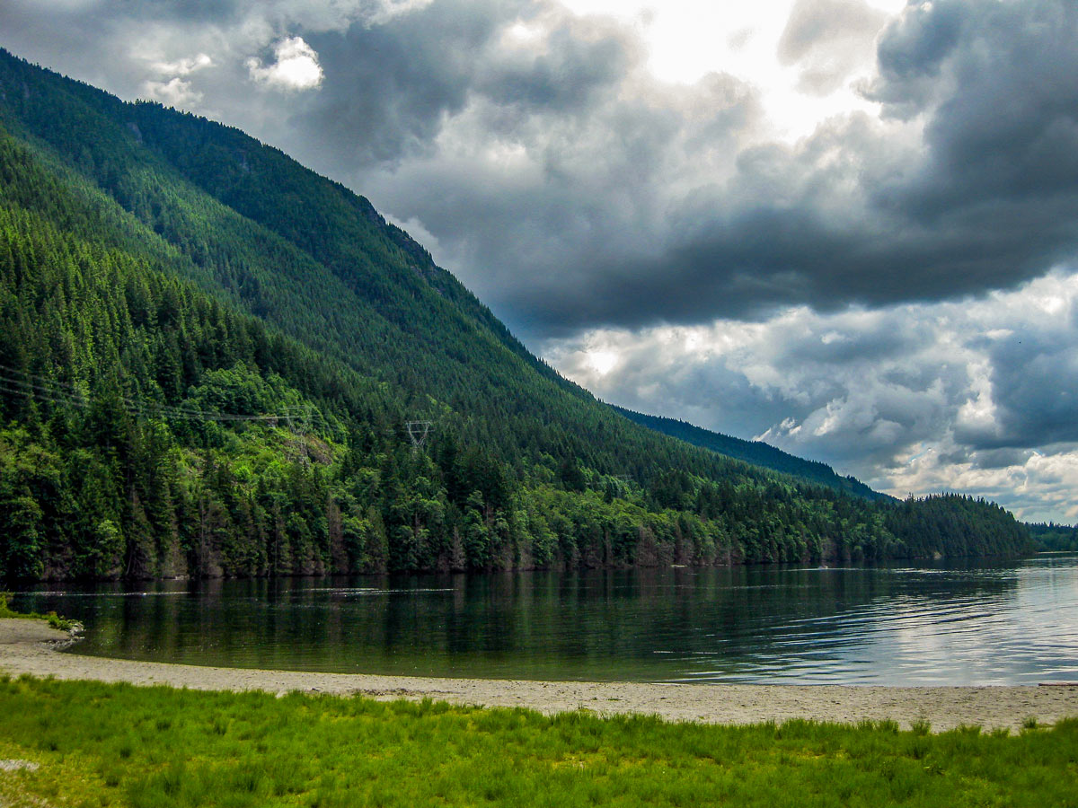 Trees along the shore of Buntzen Lake along Diez Vistas trail near Vancouver BC