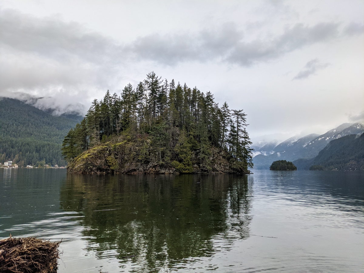 Foggy day on Jug Island hiking trail near Vancouver British Columbia