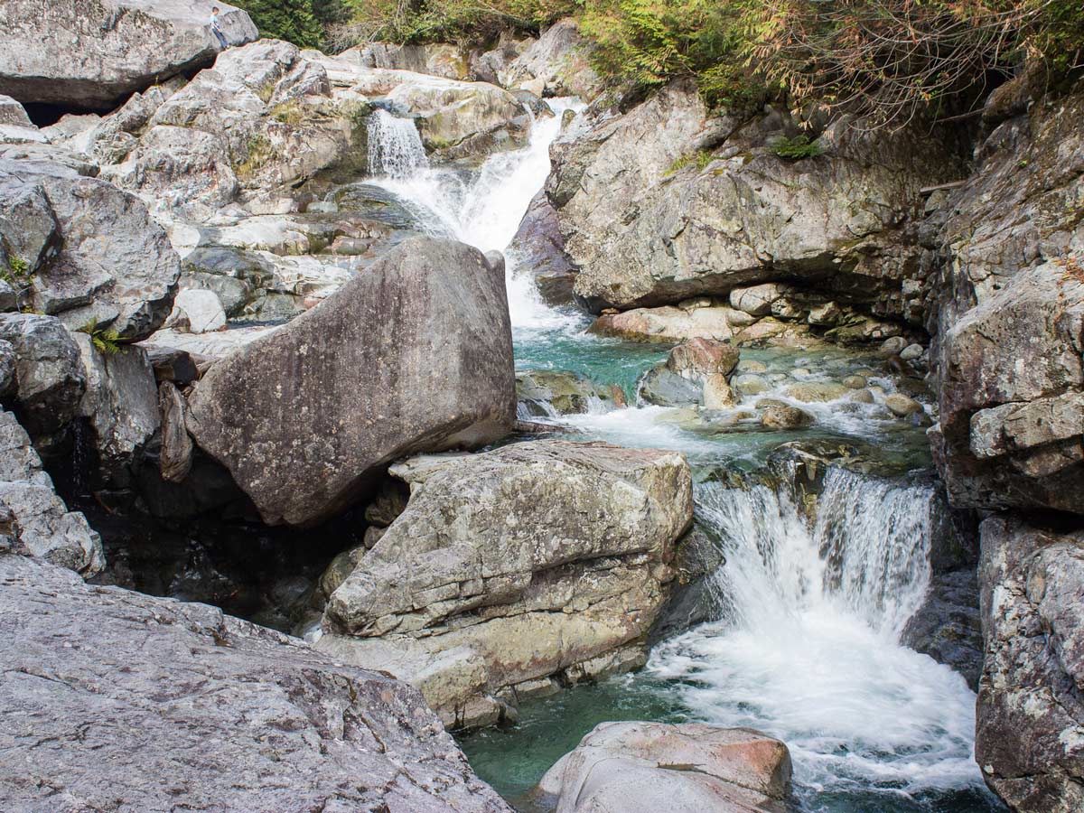 Turquoise waters of Widgeon Falls in the forest east of vancouver in BC