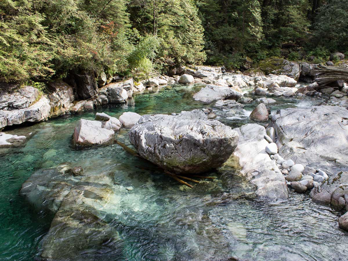 Turquoise water pools around Widgeon Falls hike and waterfalls near Vancouver BC