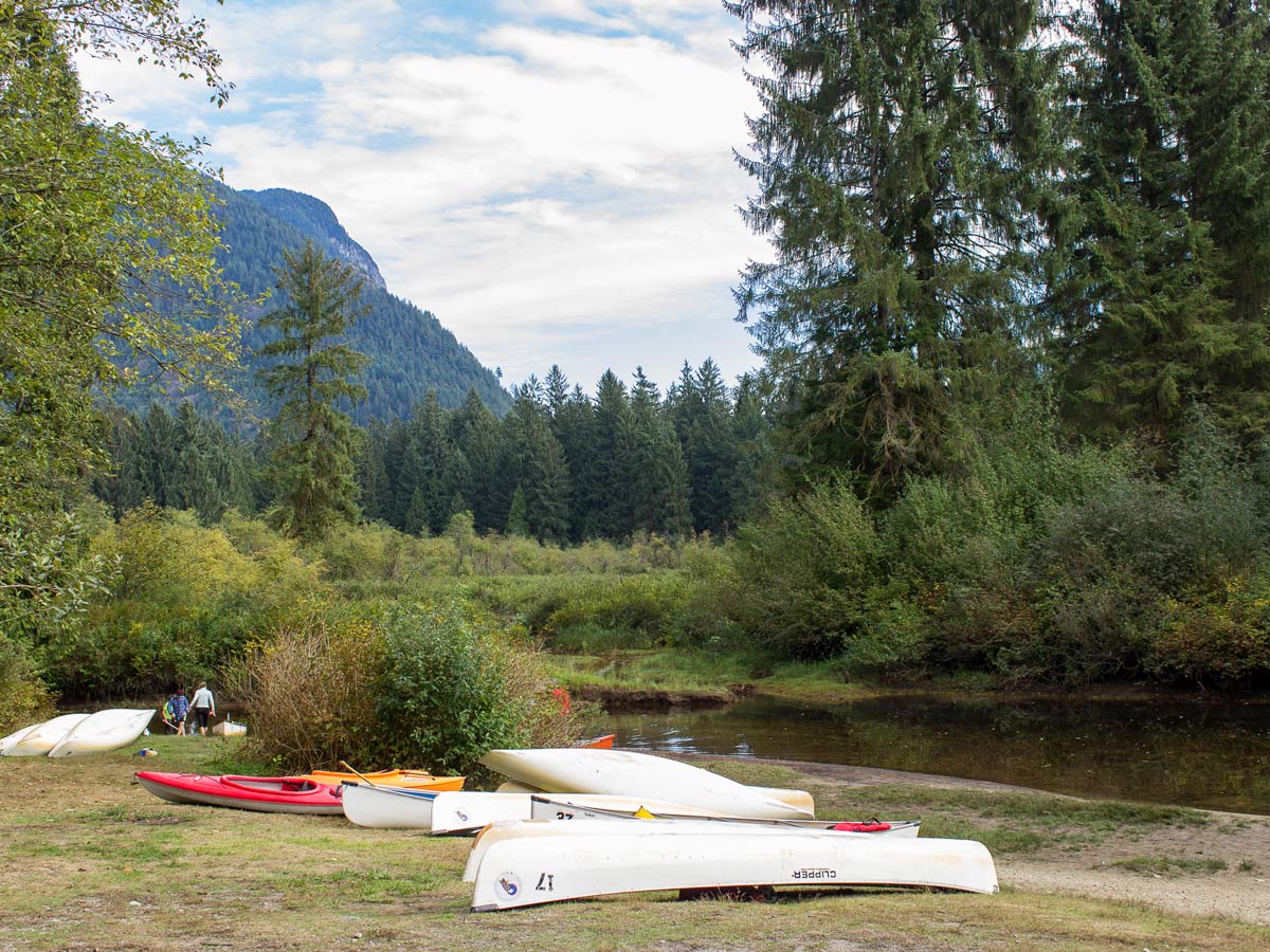 Canoes lined up at the trailhead for Widgeon Falls hiking trail east of vancouver