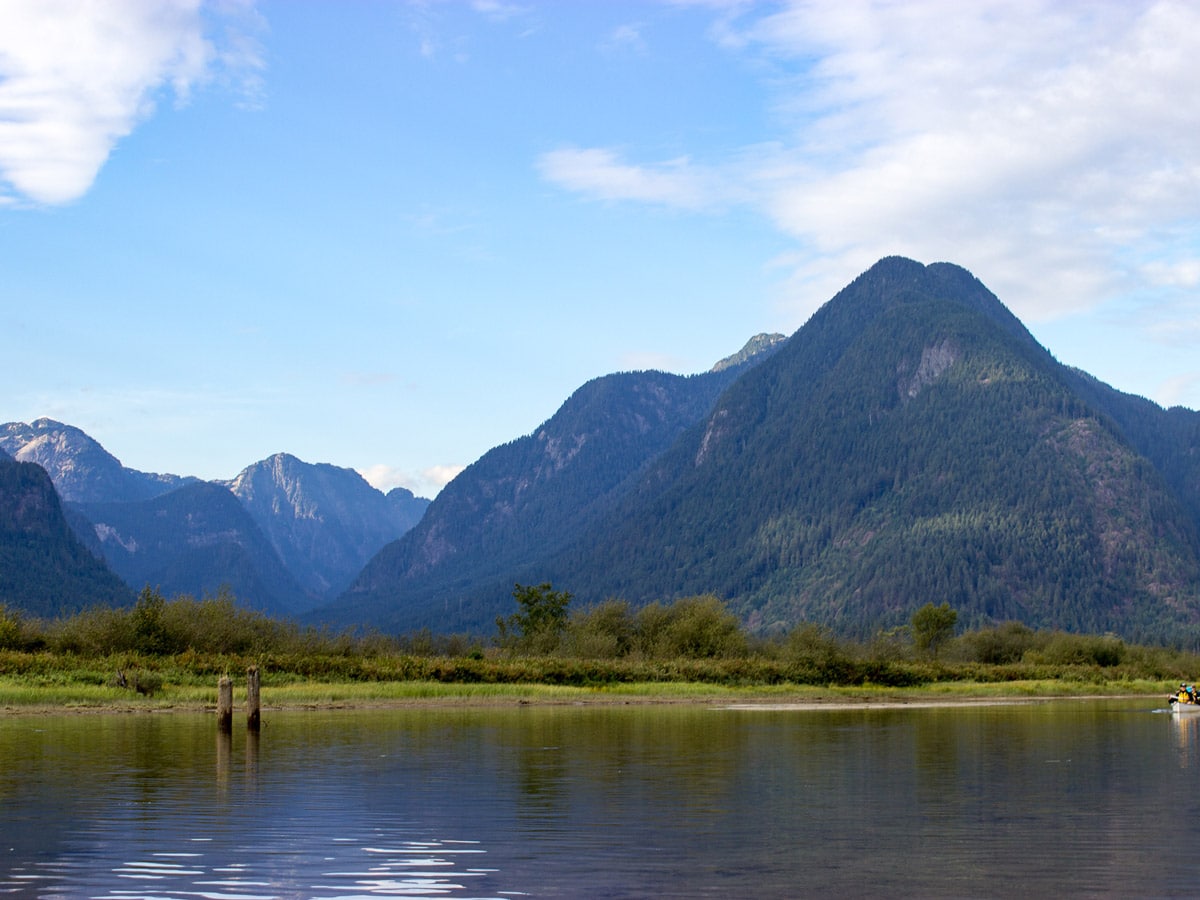 Crossing Pitt River to access Widgeon Falls hiking trailhead near Vancouver BC