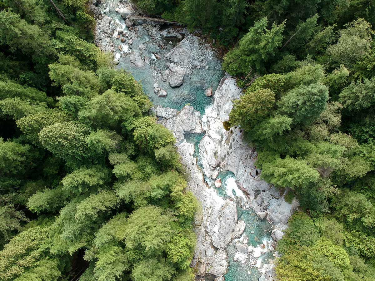 Aerial view of Widgeon Creek leading to Widgeon Falls waterfalls near Vancouver