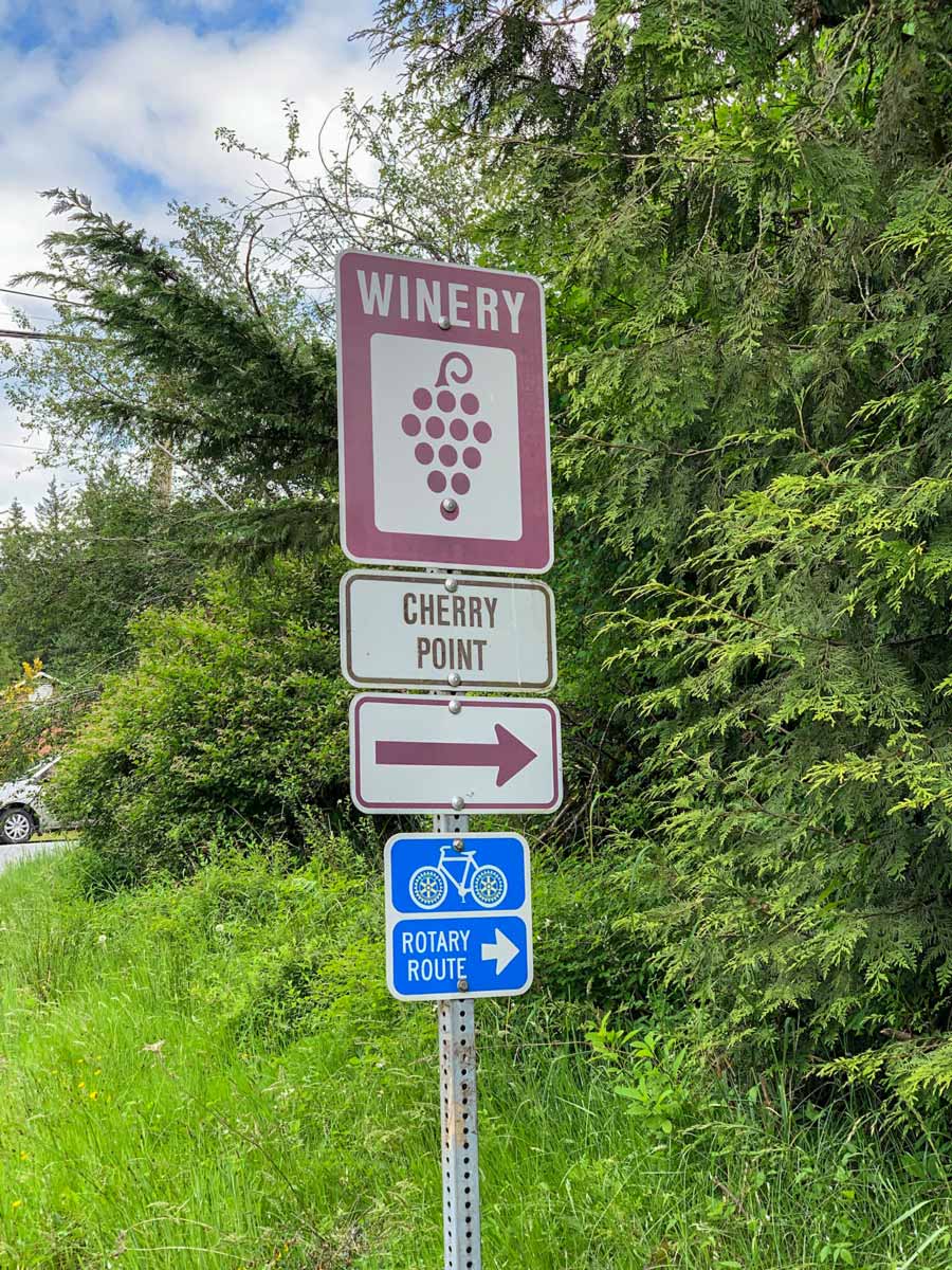 Cherry Point Winery sign seen biking Mill Bay to Cowichan Valley near Victoria
