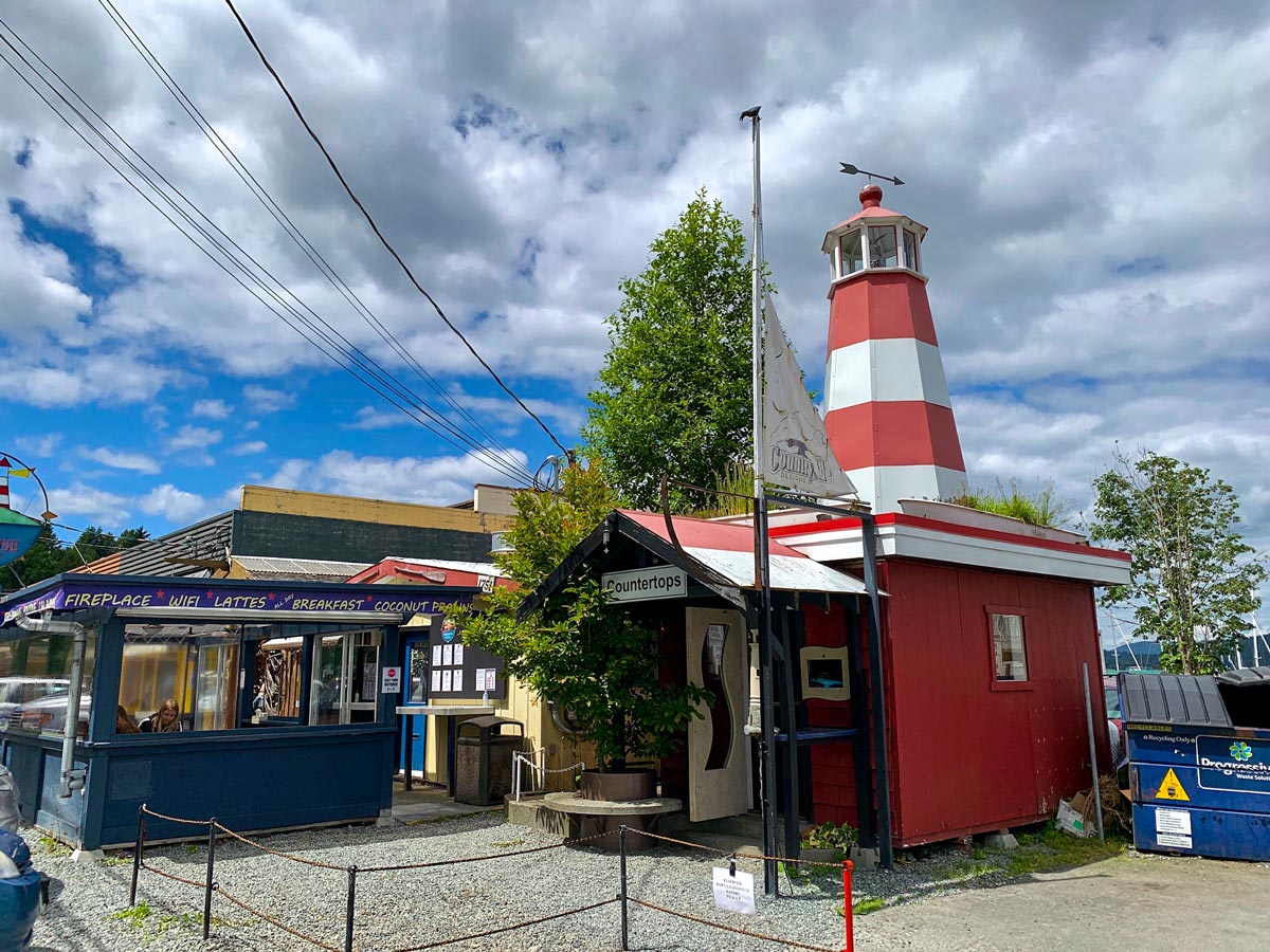 Lighthouse and restaurant seen biking Mill Bay to Cowichan Valley near Victoria