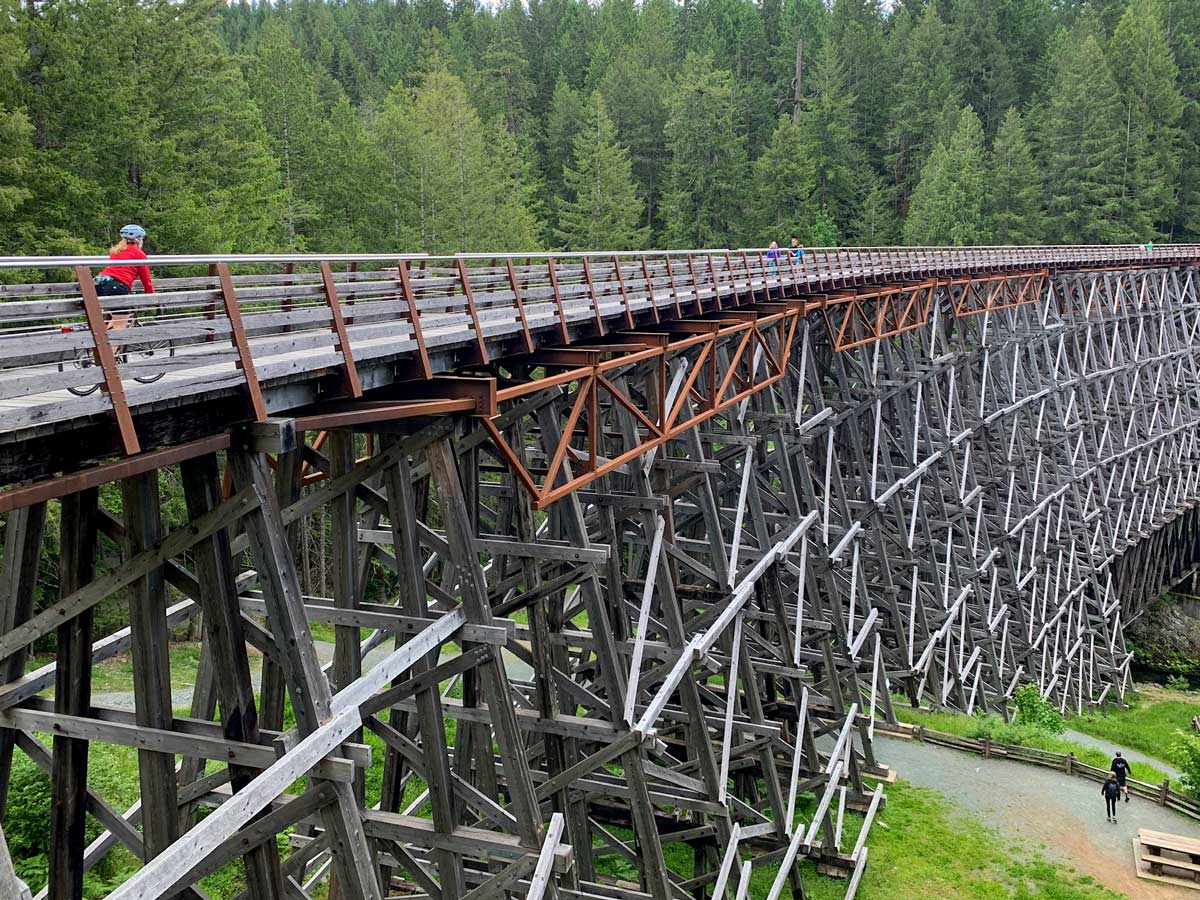 Biking across Kinsol Tressel in the forest near Victoria BC