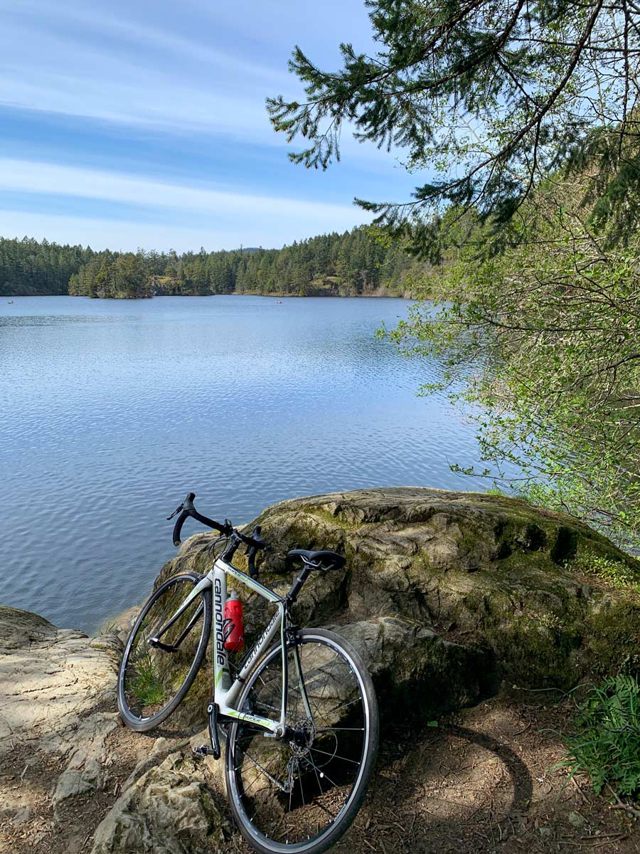 Bike ride break by Thetis Lake biking from Gallopin Goose near Victoria