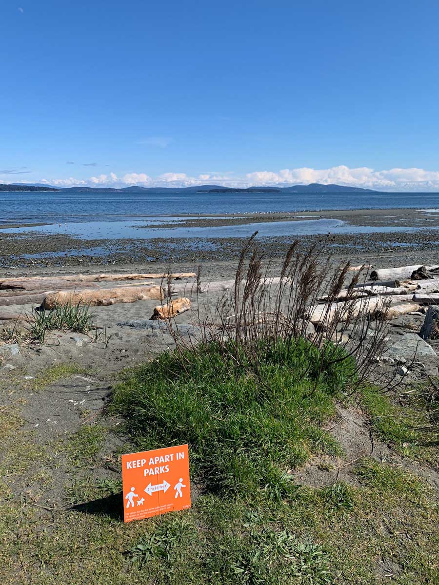 Cycling by the beach at low tide along Lochside Trail near Victoria BC