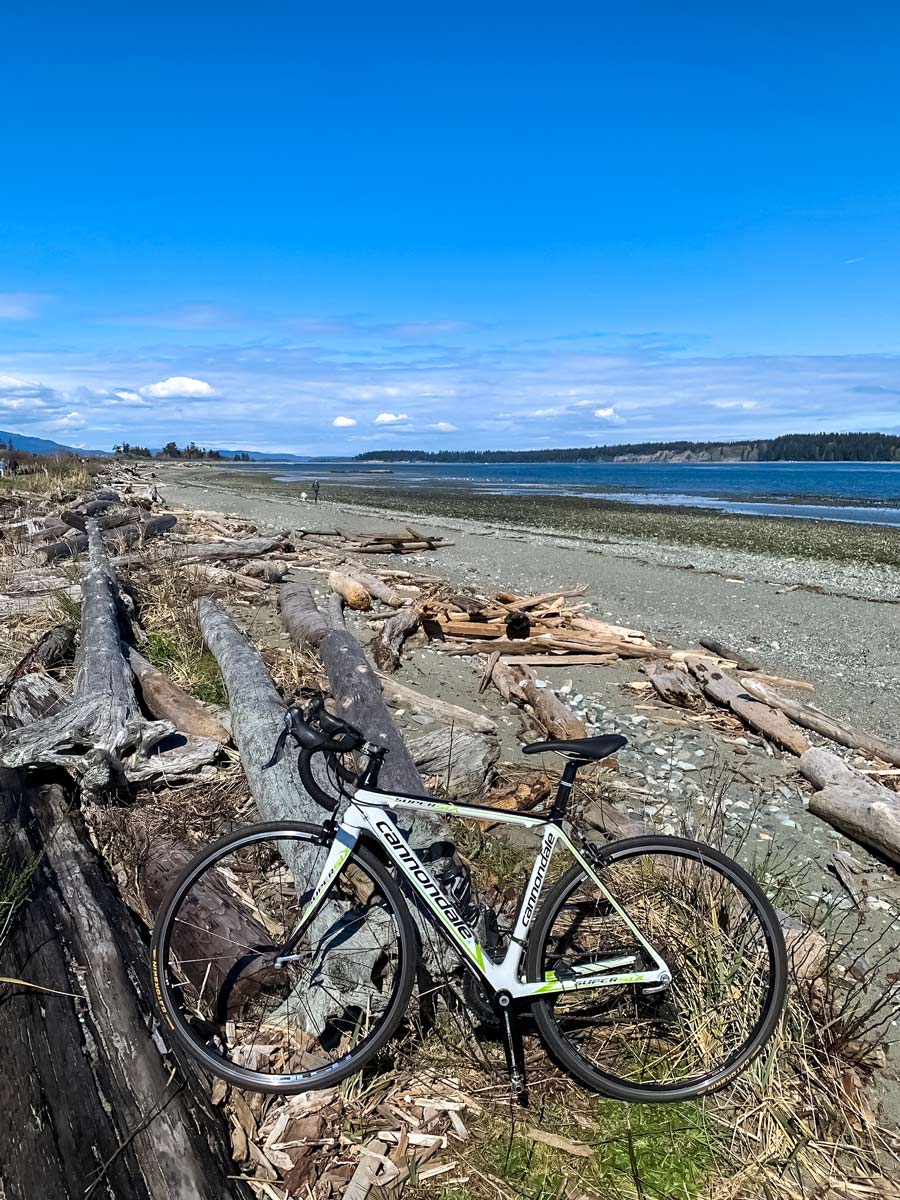 Bike resting on Pacific ocean driftwood along Lochside Trail road biking near Victoria BC