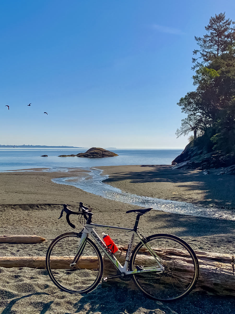 Bike resting on a log on the beach along Metchosin Loop near Victoria