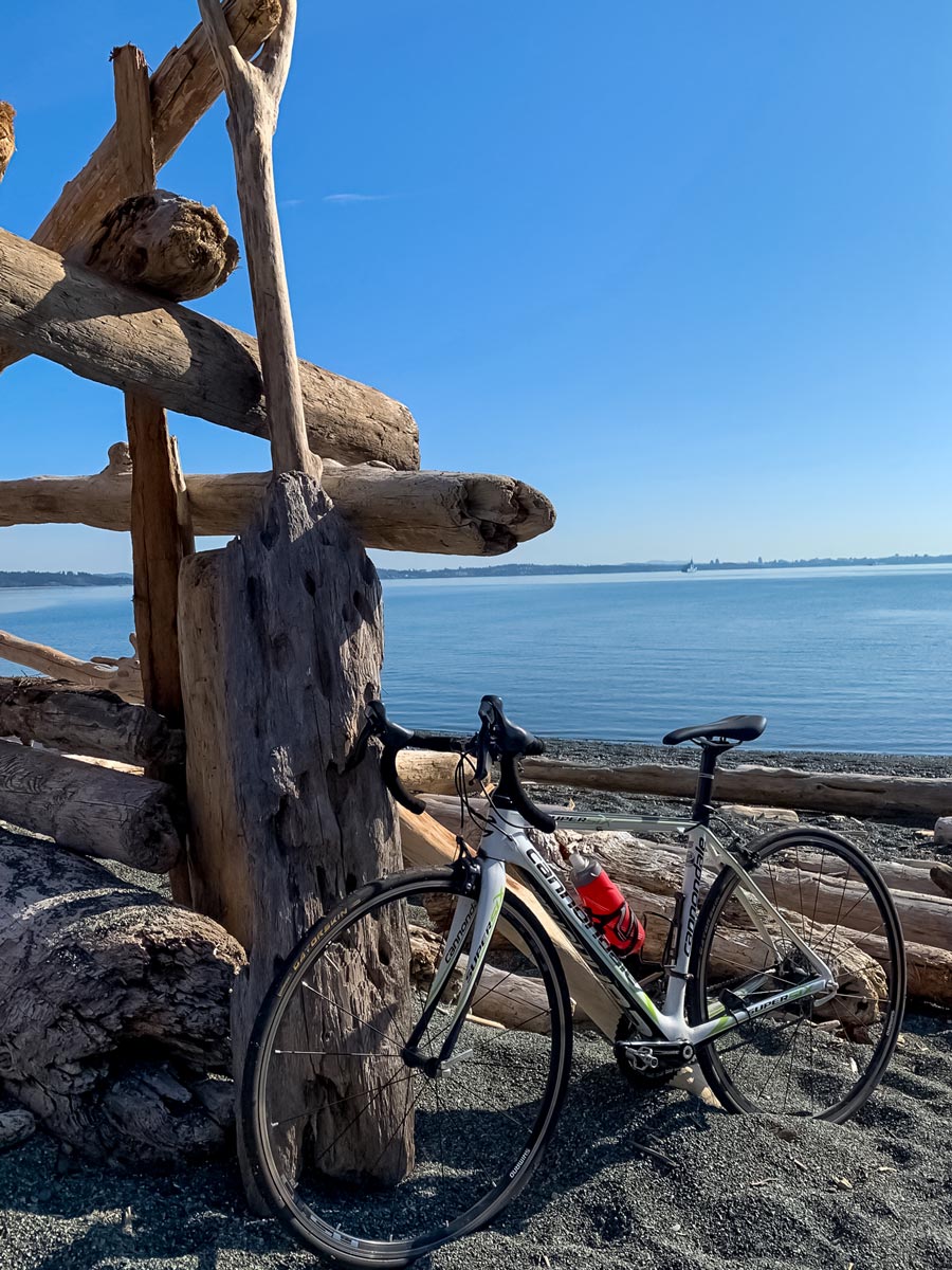 Bike resting on beach driftwood along Metchosin Loop bike trail near Victoria