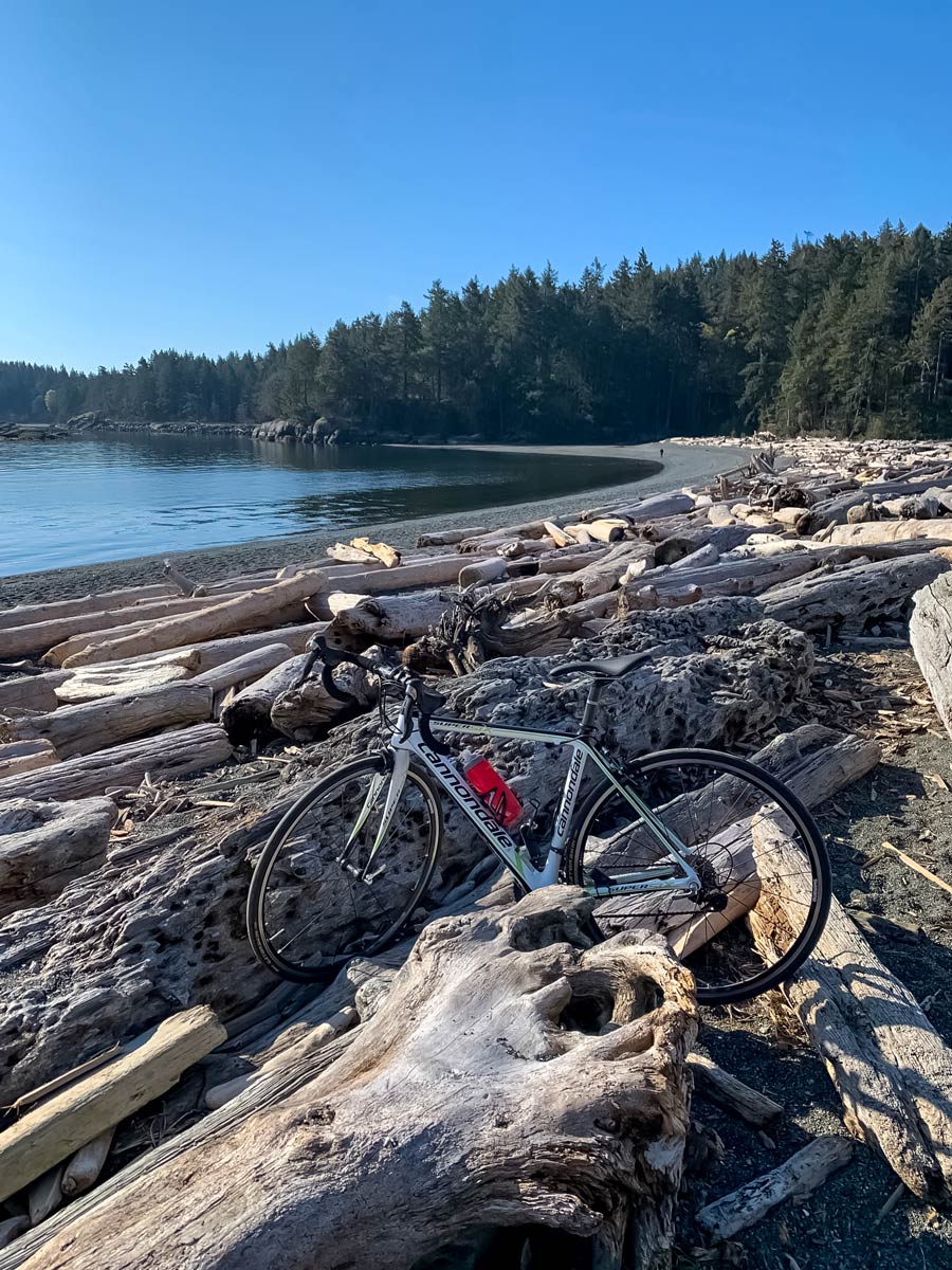 Cyclists rest on the beach among driftwood along Metchosin Loop bike trail near Victoria