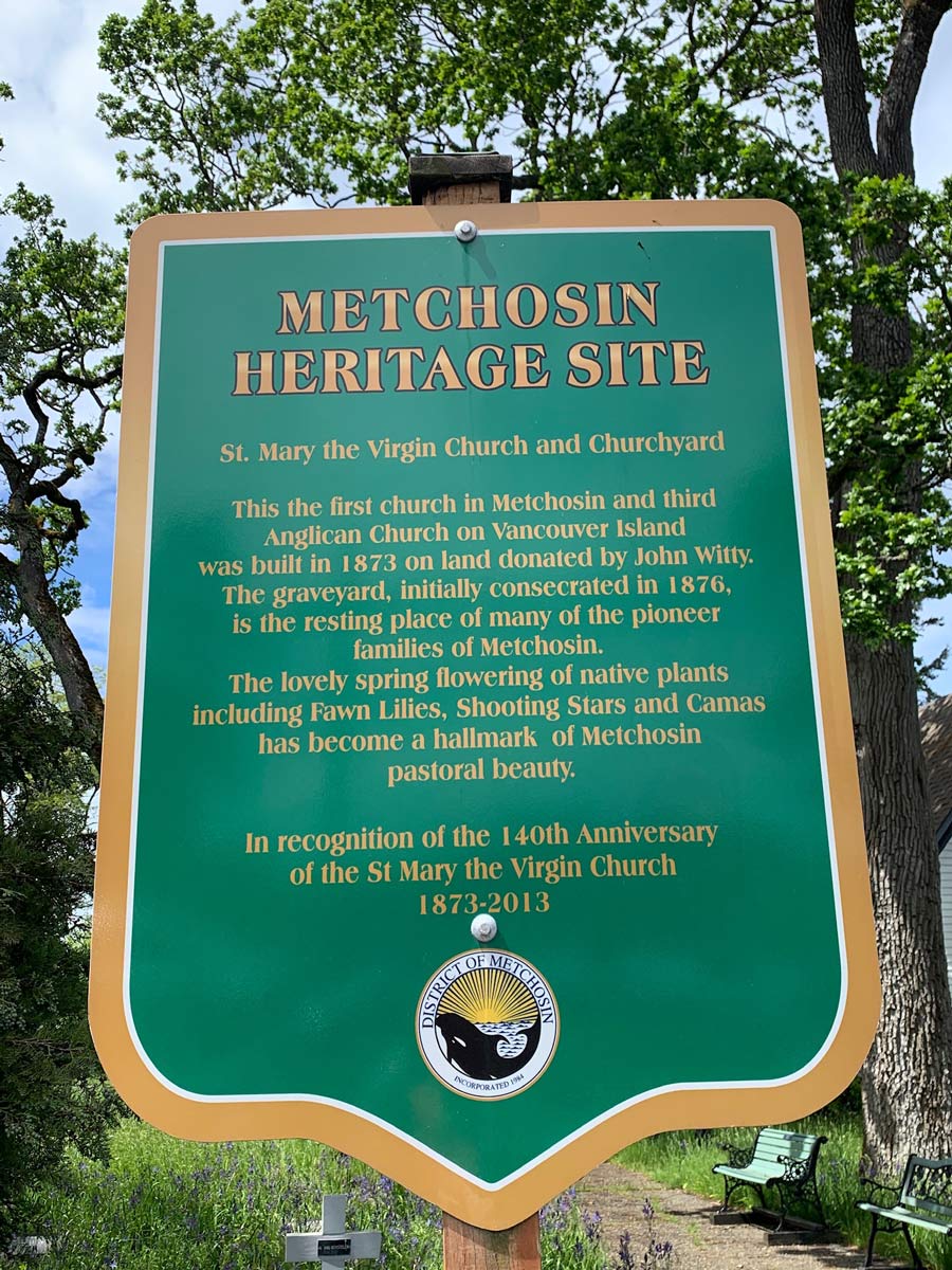 Historic St. Marys Church sign along Metchosin Loop bike trail near Victoria
