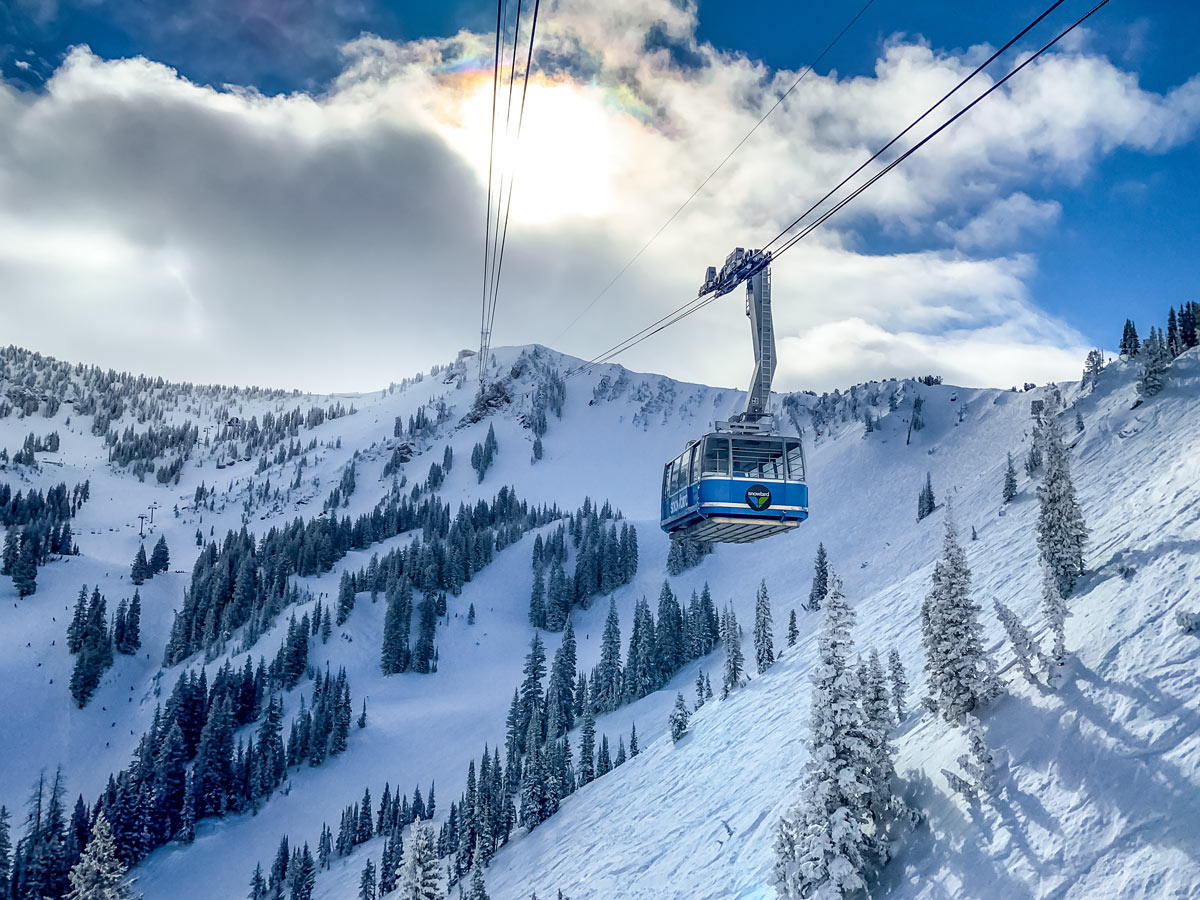 Snowbird winter ski snowboard resort gondola in beautiful Utah winter near Salt Lake City SLC