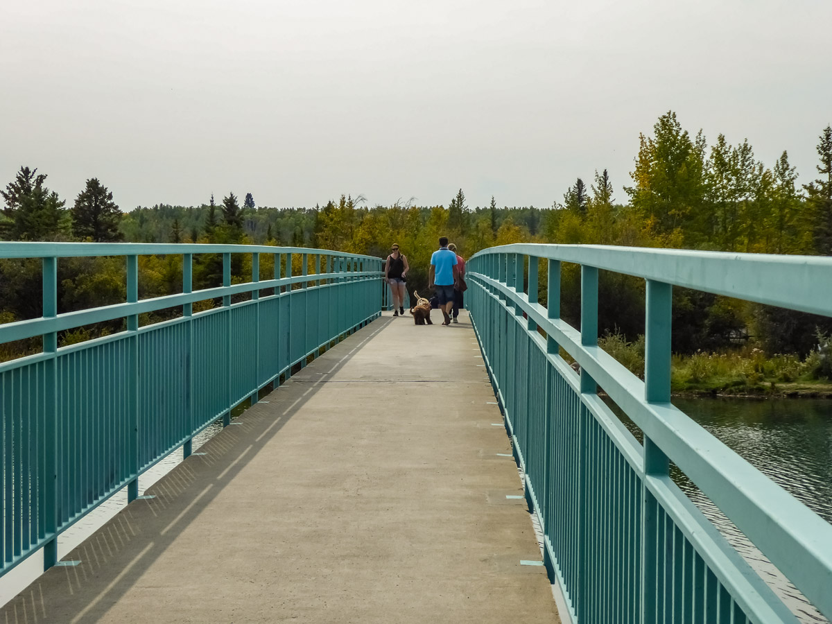 Pedestrian bridge along Weaselhead Flats hiking trail in Calgary