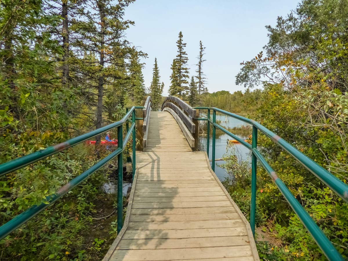 Kayaker paddles under bridge along Weaselhead Flats trail hiking in Calgary