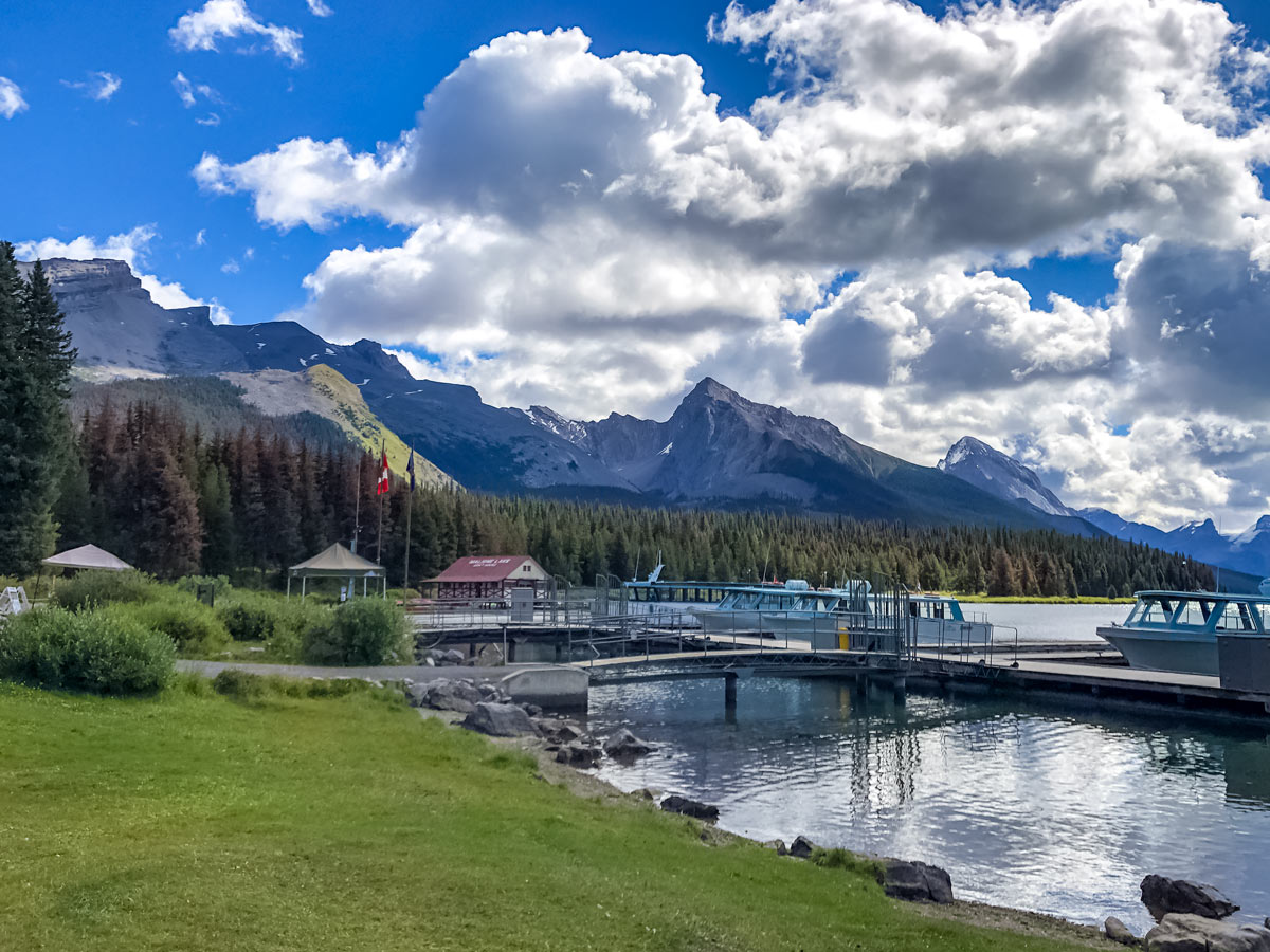 Maligne Lakeboat docks in the beautiful Canadian Rocky Mountains Jasper National Park Canada