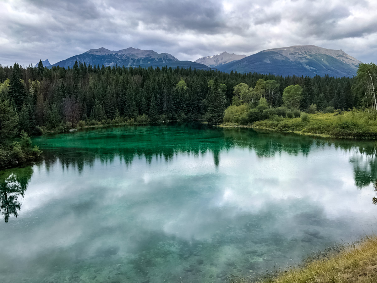 Emerald green lake waters Valley of the Five Lakes hiking walking Jasper Alberta Canada