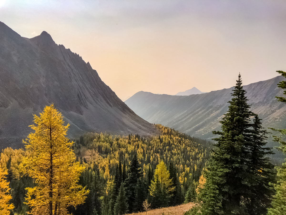 Hazy day hiking glacial valley Arethusa Cirque in Kananaskis